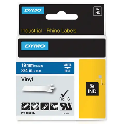 Dymo RHINO taĹ›ma winylowa 19mm biaĹ‚a na niebieskim